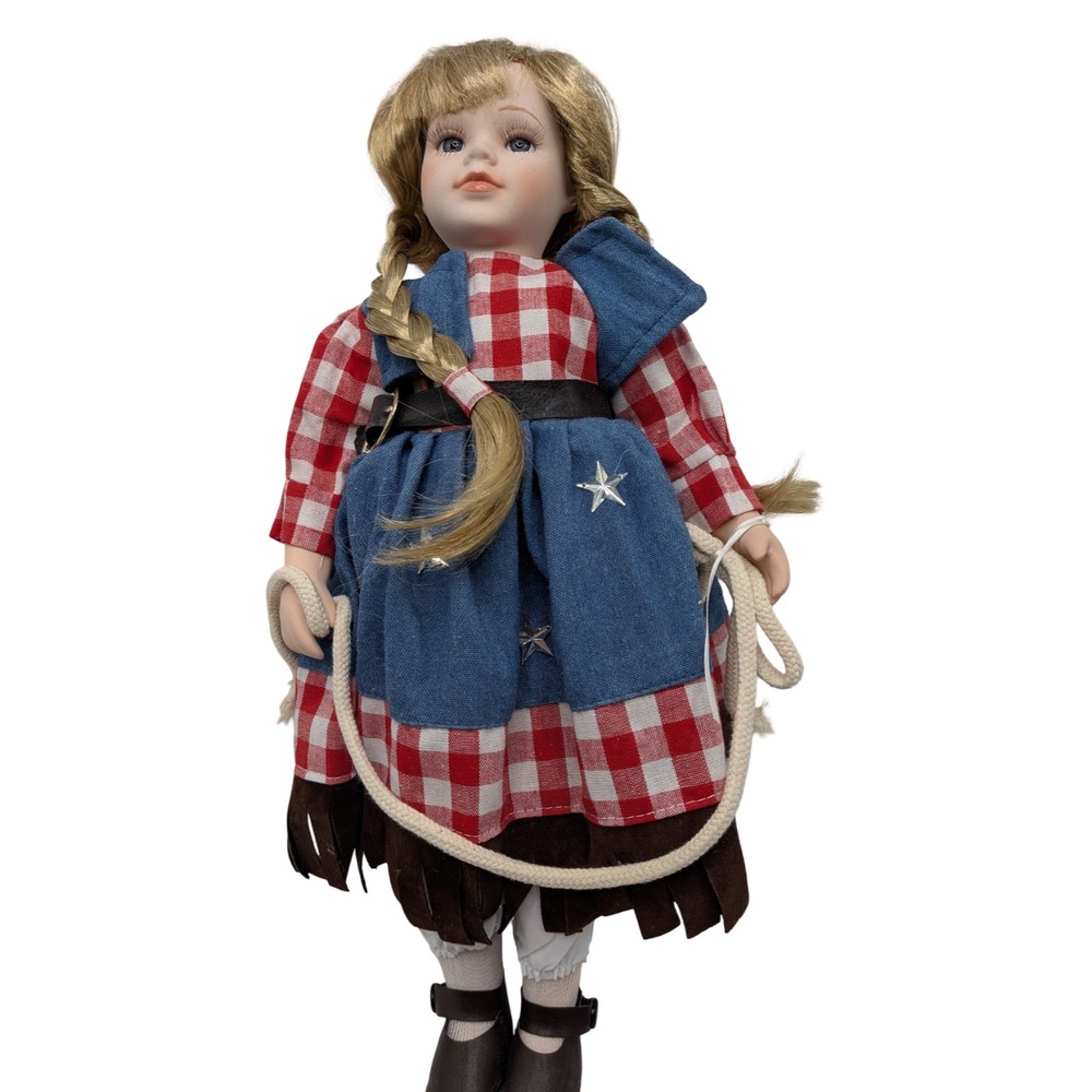 Vintage Cowgirl Porcelain Doll Red Gingham Blue Denim Western Star 16 Inch